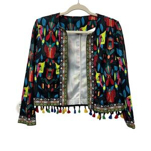 Embellished Open-Front Floral Blazer - Black Multi- Perfect for Cinco De Mayo!